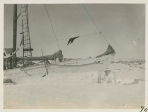 Image of Bow of Bowdoin in winter quarters